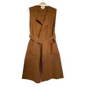 THE Korner Sleeveless Belted Long Trench Coat Women OS Brown Boho Wool Blend